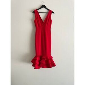 Kimcine Curve Red V-Neck Ruffle Mermaid Hem Midi Dress Womens S‎